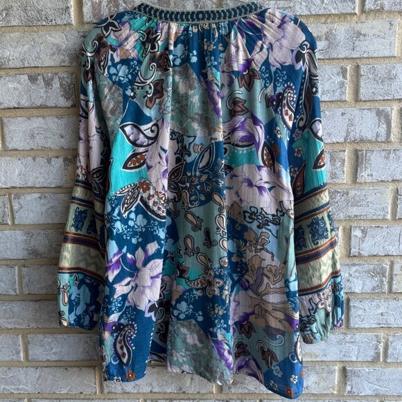 Soft Surroundings Long Sleeve V-Neck Button Up Floral Boho Blouse Size L Petite - Picture 2 of 9